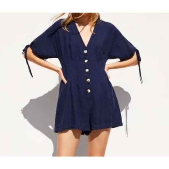 Zara Pants - ZARA Short Sleeved Front Button Down Blue Romper size medium